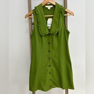 Monteau Linen Green Sleeveless Mini Dress Button Down Ruffled Collar Size S NWT